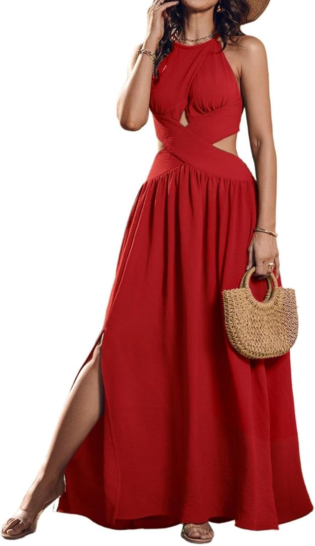 CHICME Women's Sleeveless Halter Neck Red Dress Criss Cross Tie Back Split High Maxi Dress Flowy A Line Ruched Vacation Sundress-Small