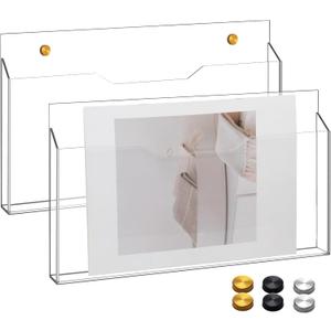 2Pcs Clear Acrylic File Holder Wall Mount Mail Magazine Organizer File Holders with Screw Wall Pocket Office Document Storage Rack Magazine Letter Brochure(14 x8.3 x1.2 ,Horizontal)