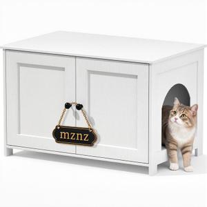 Hidden Cat Litter Box Enclosure Furniture, Dog Proof Kitty Washroom Cabinet with Odor Control, Low Entry Wooden Cat House Cabinet Indoor, Farmhouse Style End Table/TV Stand with Storage, White