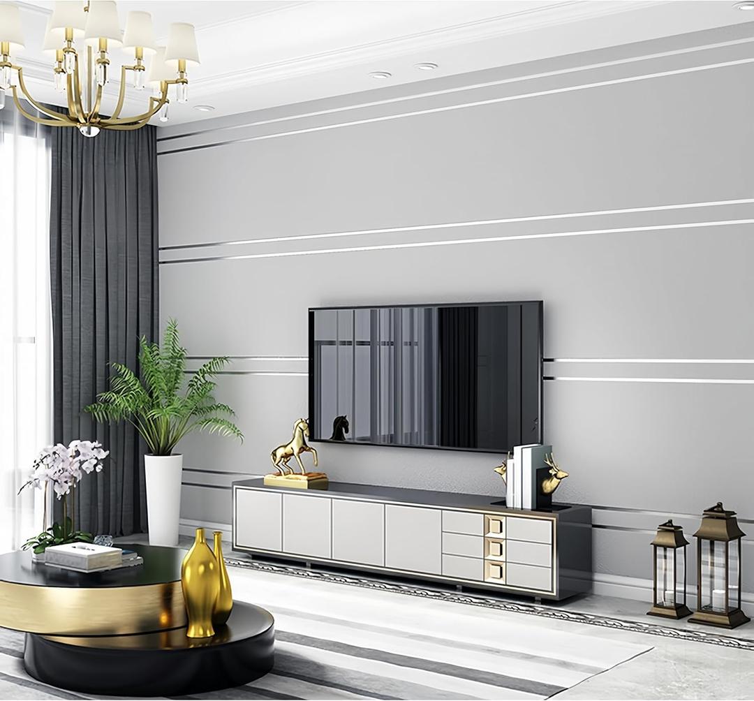 Deerskin Velvet high-end 3D Wallpaper Nordic Geometric Lines Modern Simple Living Room Lighting Luxury Background Wall Non-Woven Peel Stick Wallpaper (9.5M Silver Gray Aluminum foil Plate)