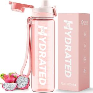 Water Bottle, 32 oz Motivational Water Bottles with Time Marker-Tritan & BPA Free, Sports Water Bottle with Time to Drink & Strap, Wide Mouth, Leakproof -Gift for Christmas Gym Fitness & Outdoor (33.8 Ounces, Rose Pink)