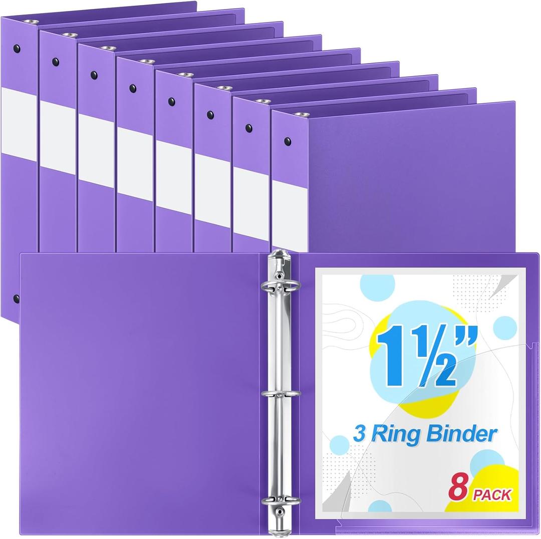 Henoyso 8 Pcs 1.5 Inch 3 Ring Binder Bulk, Fits Letter Size 8.5'' x 11'' Paper, Holds 350 Sheets, 2 Pockets Plastic Binders Pack for School Office Home Organization, Press-to-Open Ring (Purple)