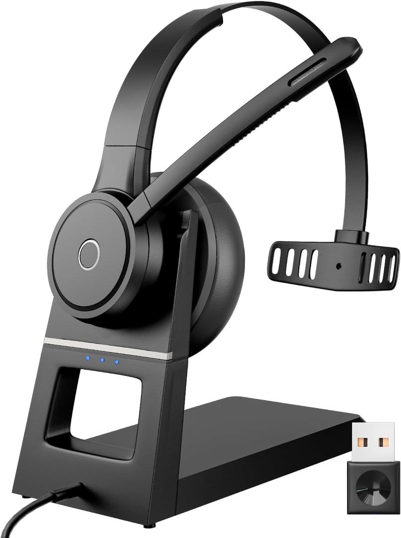 Wireless Headset with Microphone, Bluetooth Headset with Mic, Noise Cancelling Computer Headset, USB Dongle & Charging Base, Mute, for Work/Office/PC/Laptop/Call Center/Zoom/Teams, Black