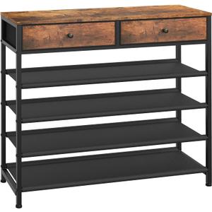 Usikey Shoe Rack, 5 Tier Shoe Storage Organizer with 2 Drawers, Metal Shoe Shelf for 16-20 Pairs of Shoes, with 4 Oxford Fabric Shelves and Wooden Top, Shoe Stand for Closet, Rustic Brown UNYXJX009F