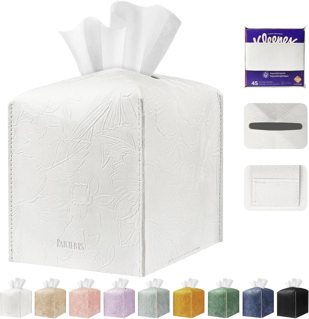 Tissue Box Holder Cover Square Tissue Cube Cover PU Leather Tissue Organizer with Bottom Belt for Bathroom, Tabletop, Kitchen, Night Stands, Office, Home, Car (1, White)