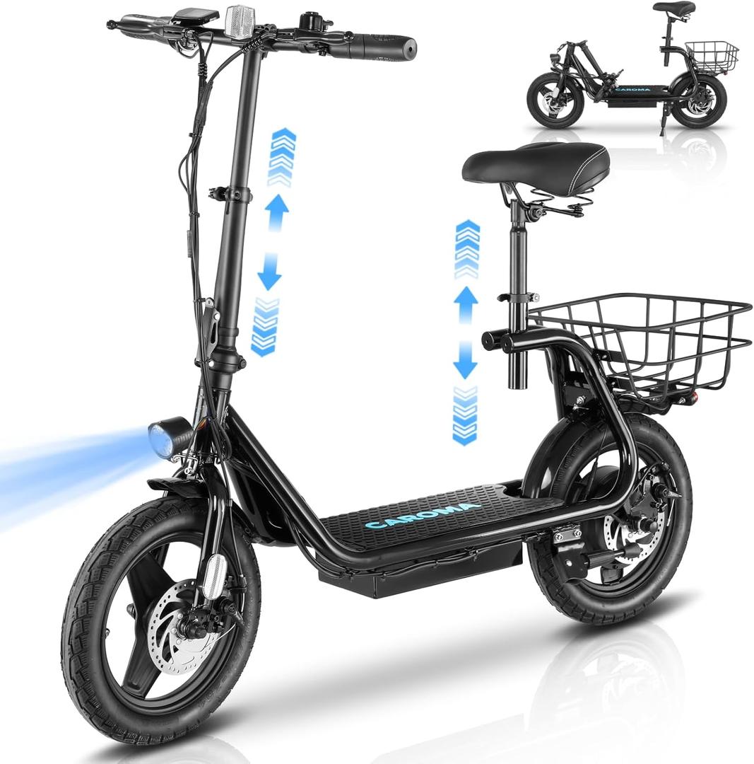 Caroma Electric Scooter with Seat for Adults, Max 30Miles Ranges&20Mph, 500/800/1200W Motor, 14" Fat Tire Foldable Commuter E-Scooter with Basket for Pets & Cargo, 300lbs Max Load