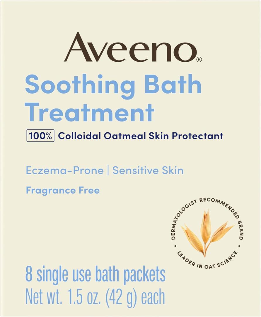 Aveeno Soothing Bath Treatment with 100% Colloidal Oatmeal Skin Protectant for Sensitive & Eczema-Prone Skin, Fragrance-Free Bath Soak Relieves Itchy, Irritated Skin, Individual Packets, 8 ct