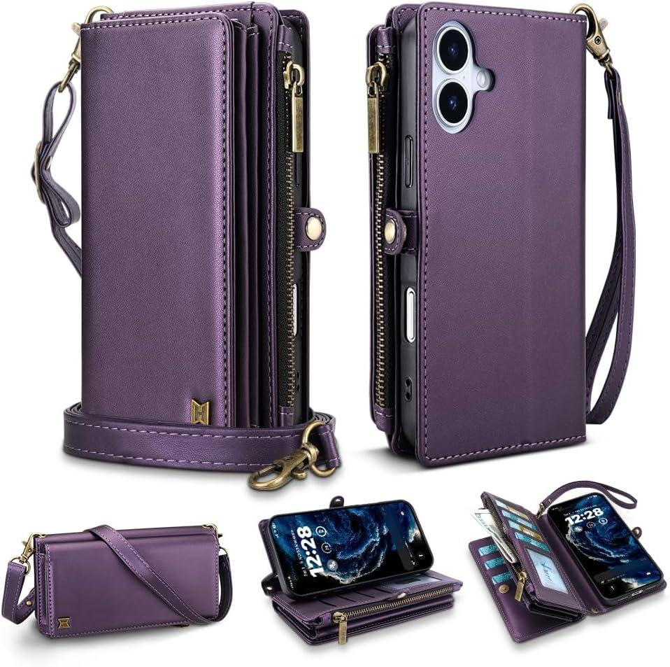 for iPhone 17 Wallet Phone Case with 7 Card Holder,RFID Blocking | PU Leather | Kickstand | Flip | Wrist Strap&Shoulder Strap | Shockproof | Zipper Wallet | Women Men | 6.3" | Purple