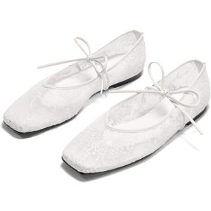 Coutgo Womens Mary Jane Flats Lace Up Square Toe Ballet Ballerina Flats Slip On Comfortable Dressy Shoes, 7.5