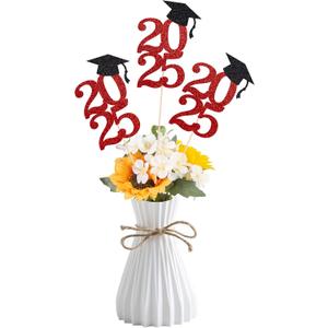 2 x Class of 2025 Graduation Decoration Centerpieces for Table, 2025 Party Centerpieces Grad Cap Sticks Party Supplies, Graduation Party Decoration Toppeers (10 PCS, Red & Black)