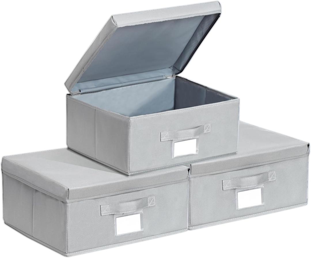 Set of 3 Stackable Fabric Storage Bins with Lid - Light Grey, 14.2" L x 12.6" W x 6.3" H