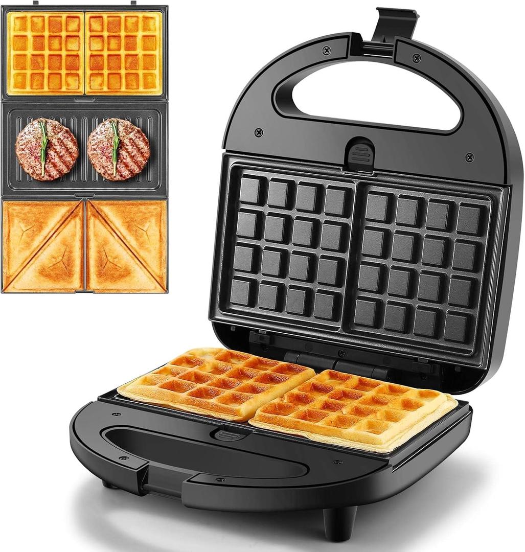 OSTBA 3-in-1 Sandwich Maker with Removable Plates, Panini Press, Waffle Maker, Non-Stick, 750W Compact Breakfast Grill for Sandwiches, Waffles, Steak, Black