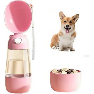 Portable Dog Water Bottle for Walking, Leak Proof 2 in 1 Water and Food Dispenser, BPA Free Pet Travel Water Bottle for Hiking, Lightweight Puppy Outdoor Drinking Bowl (Pink) (M)