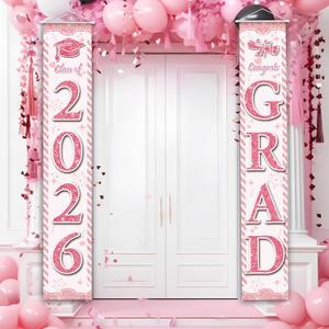 Graduation Decorations 2026, Pink Congrats Grad Banner Porch Door Banners Graduation Party Decorations Class of 2026 GRAD Decor Schools Grades (Pink)