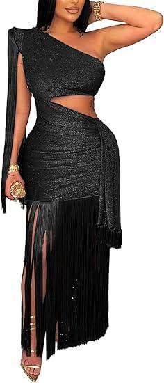 Womens Sexy One Shoulder Fringe Dress Summer Sleeveless Cut Out Tassel Evening Cocktail Party Maxi Dresses (Large, Black)