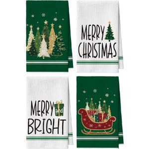 Artoid Mode Green Xmas Tree Star Sledge Christmas Bar Kitchen Towels, 12x24 Inch Quick Dry Microfiber Cloth Dish Towels for Kitchen Drying Set of 4