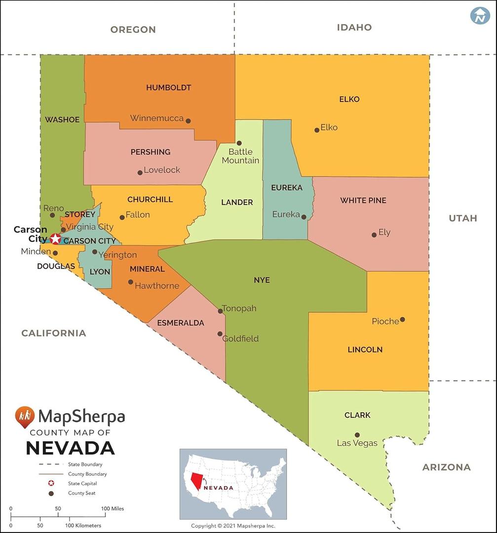 Nevada Counties Map - Standard - 36" x 38.75" Laminated