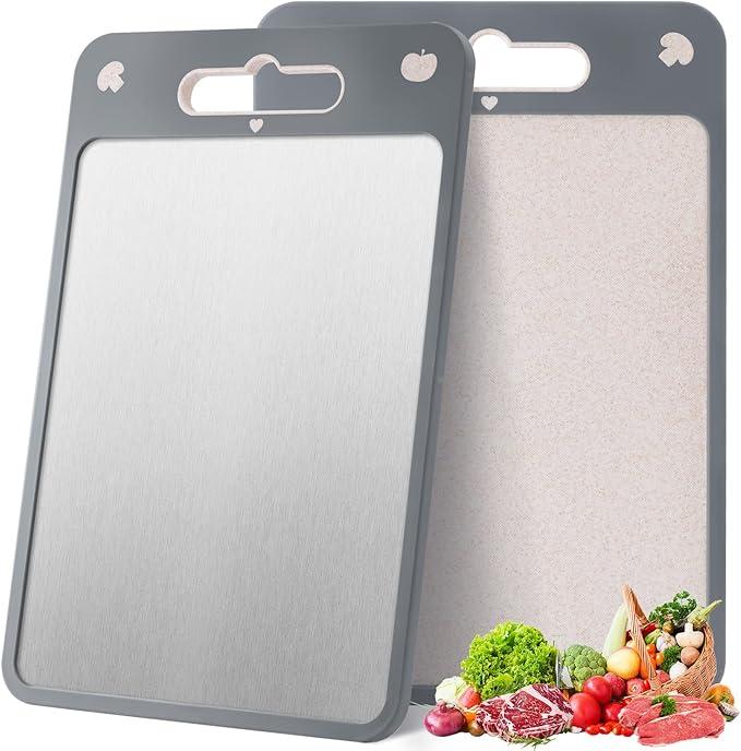Cutting Board Double-Sided, 304 Stainless Steel Cutting Board for Kitchen, Food-Grade, Non-Slip, Stainless Steel & Wheat Straw PP, Easy to Clean, Large Chopping Board for Meat, Vegetables, and More