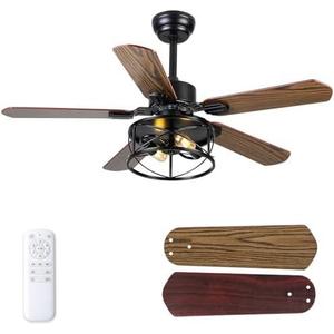 Dannilong Farmhouse Ceiling Fan with Light and Remote 42" Rustic Flush Mount Ceiling Fans 5 Dual Finish Blades Carnegie Industrial Fandelier for Living room Bedroom Patio E26