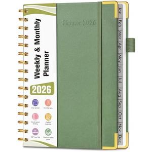 2026 Planner, Hardcover Leather Weekly and Monthly Planner, January 2026 - December 2026, Spiral Yearly Agenda Organizer Book 2026 with Tabs, Daily Calendar Planners for School Work Home, A5 (5.75" x 8.38"), Green