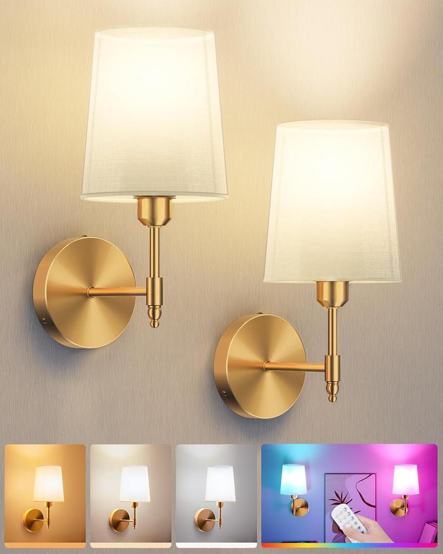Ouyulong Battery Operated Wall Sconces Set of 2, Wireless Rechargeable Dimmable Wall Light with 5600mAh RGB Bulb and Remote for Bedroom, Living Room, Hallway (Gold)