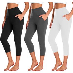NEW YOUNG 3 Pack Capri Leggings for Women with Pockets-High Waisted Tummy Control Workout Gym Yoga Pants (Small-Medium, 6-black/Dark Gray/White)