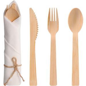 Pre Rolled Napkin and Bamboo Cutlery Set - 50Pack Bamboo Utensils/Compostable Cutlery(50 Forks, 50 Knives, 50 Spoons, 50 Napkins), Biodegradable Wrapped Cutlery for Party, Wedding, Events