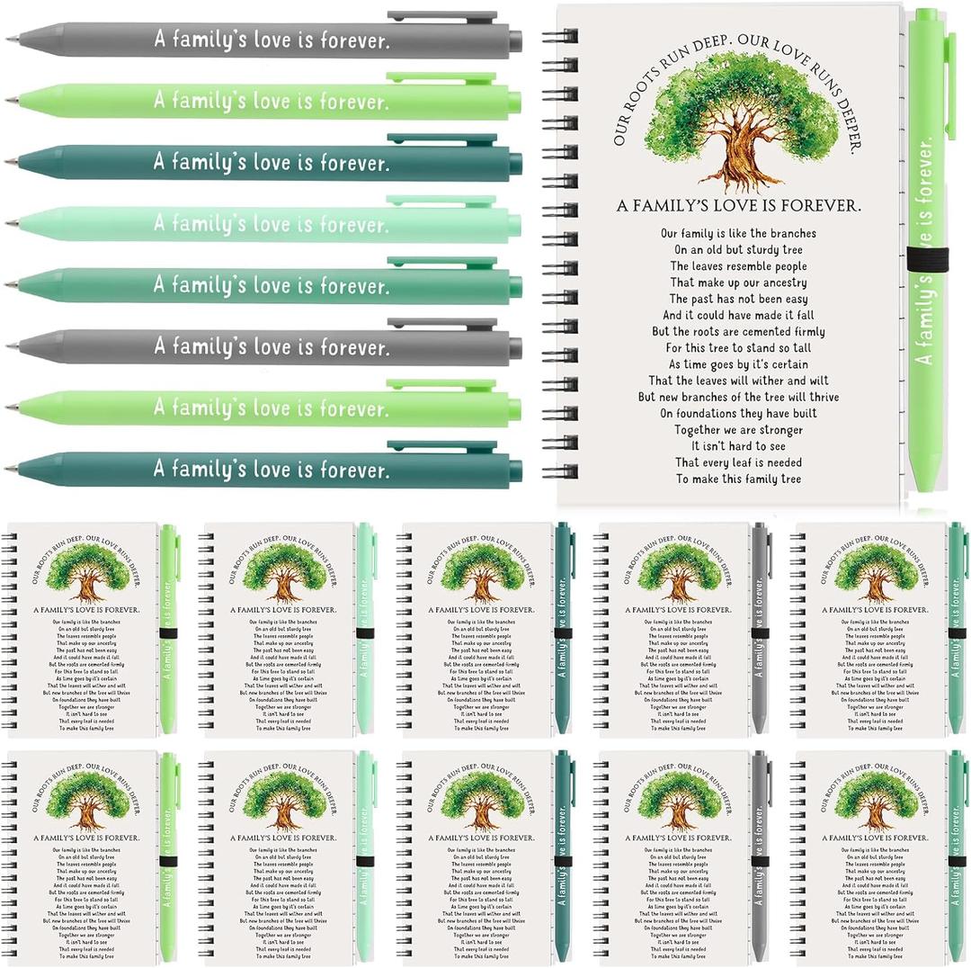 Janlaugh 60 Pcs 30 Sets Family Reunion Party Favors Gifts for Guests Family Reunion Notebook Bamboo Pens Bulk Our Roots Run Deep Spiral Notebook with Retractable Pens, White