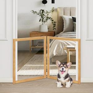 LZRS Clear Dog Gate for Indoor Use - Transparent Pet Fence with Solid Hardwood and Plastic Board, Stylish & Durable freestanding Pet Gate for Doorways, Stairs and Hallways-2 Panel Natural