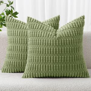 MIULEE Pack of 2 Corduroy Decorative Euro Sham Throw Pillow Covers 24x24 Inch Soft Boho Striped Pillow Covers Modern Farmhouse Home Decor for Summer Sofa Living Room Couch Bed Sage Green