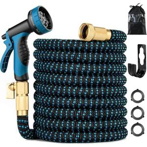 100 ft Expandable Garden Hose - Kink Free Flexible Water Hose 100ft with 10 Pattern Spray Nozzle, 3/4 Solid Brass Connectors, Retractable Latex Core - Lightweight Expanding Hose