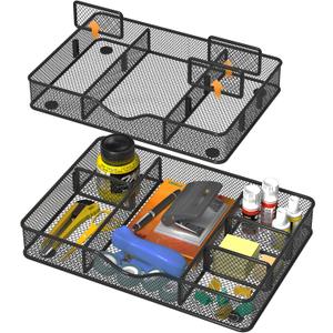 Desk Drawer Organizer Tray, Metal Mesh Drawer Organizer for Office & Home, 6 Adjustable Compartments, Black, 2 Pack - 12.87x8.73x1.96 inch