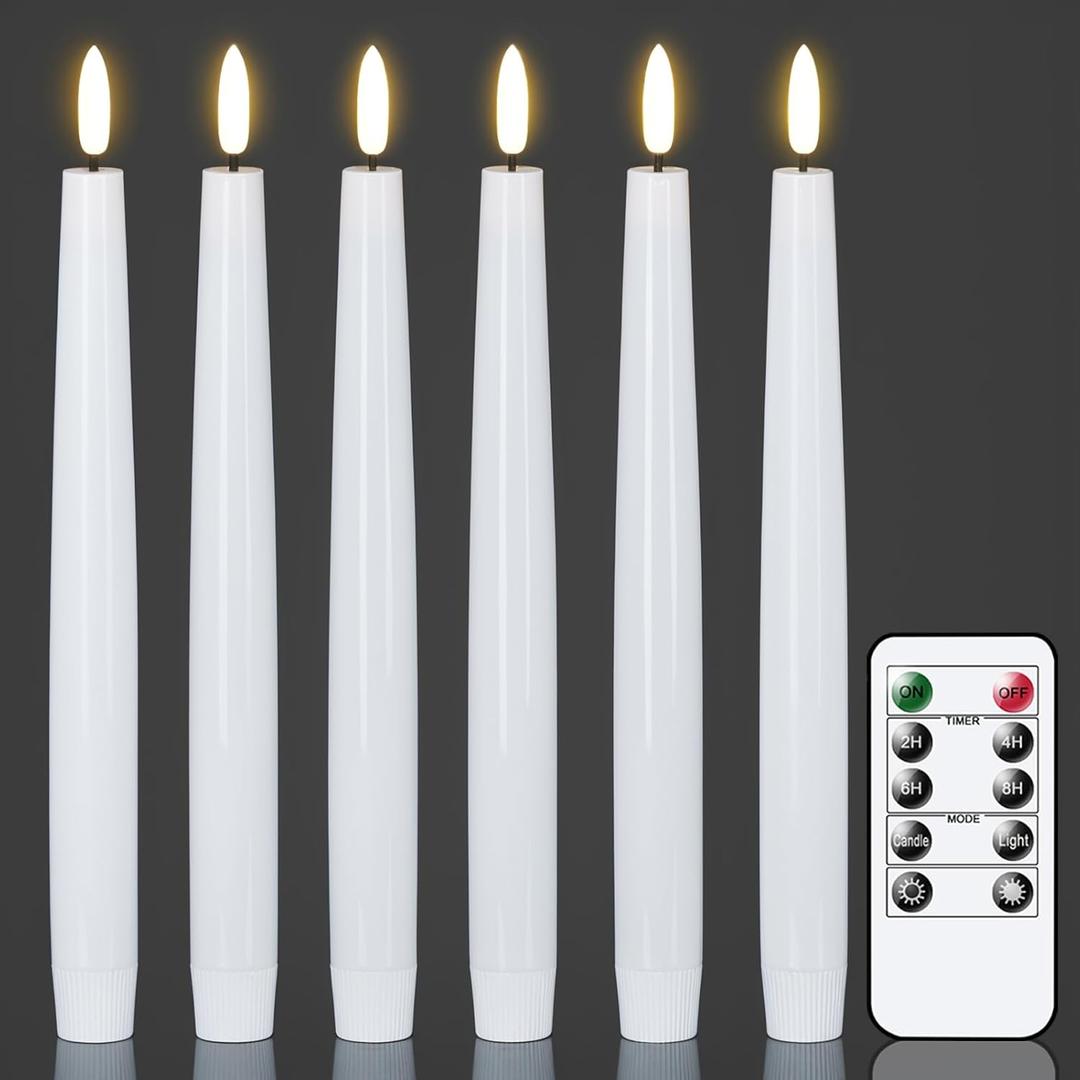 GenSwin LED Taper Candles with Remote Timer, White Flickering Flameless Taper Candles Battery Operated, Real Wax Flameless Candlesticks for Halloween Christmas Decorations(Set of 6, 0.78 x 9.84)