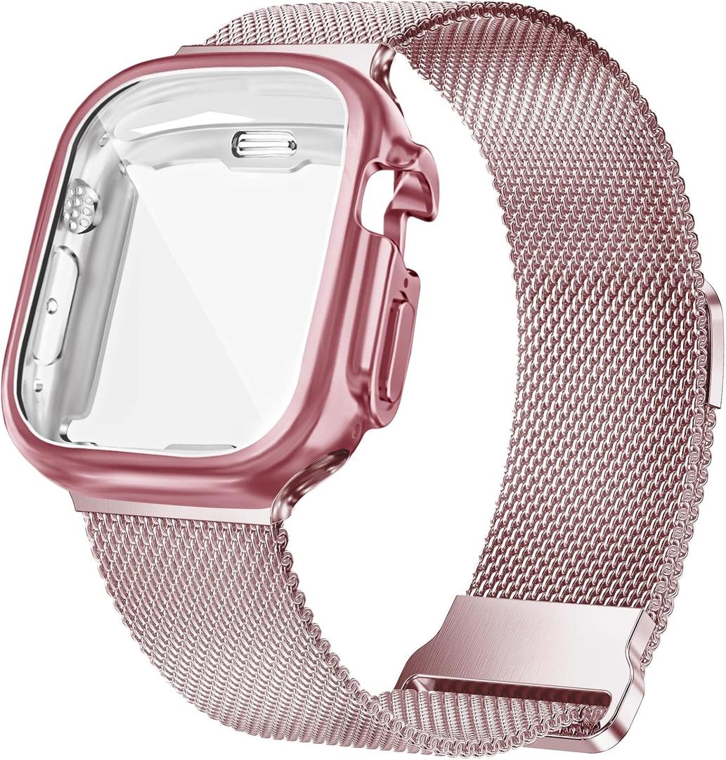 Geoumy Metal Magnetic Bands Compatible for Apple Watch Ultra 49mm with Case, Stainless Steel Milanese Mesh Loop Replacement Strap Compatible with iWatch Series Ultra 1 Ultra 2 for Women Men, Rose Pink