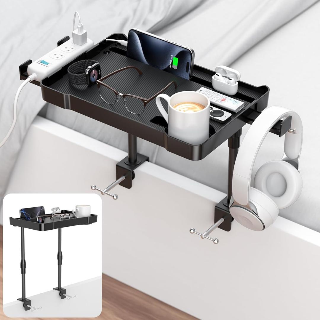 Bedside Shelf Bunk Bed Shelf Bedside Organizer Adjustable Height Top Bunk Bed Accessories Nightstand Tray with Cup Holder Clip On Bedside Table Tray Headboard Shelf Organizer College Dorm Room Black