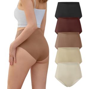 DEANGELMON Womens Seamless Bikinis Underwear High Waist Comfort Briefs Invisible No Show Panties Full Coverage Cheeky (Large, Daily - 5 Pack)