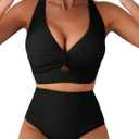 Herseas Women's Textured Bikini Sets Twist Front Top Swimsuits High Waisted Bathing Suits, X-Large (Black)