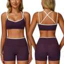 ABOCIW Workout Sets for Women 2 Piece Color Block Strappy Sports Bra High Waist Shorts Gym Yoga Pilates Outfits (Small, Eggplant Purple)