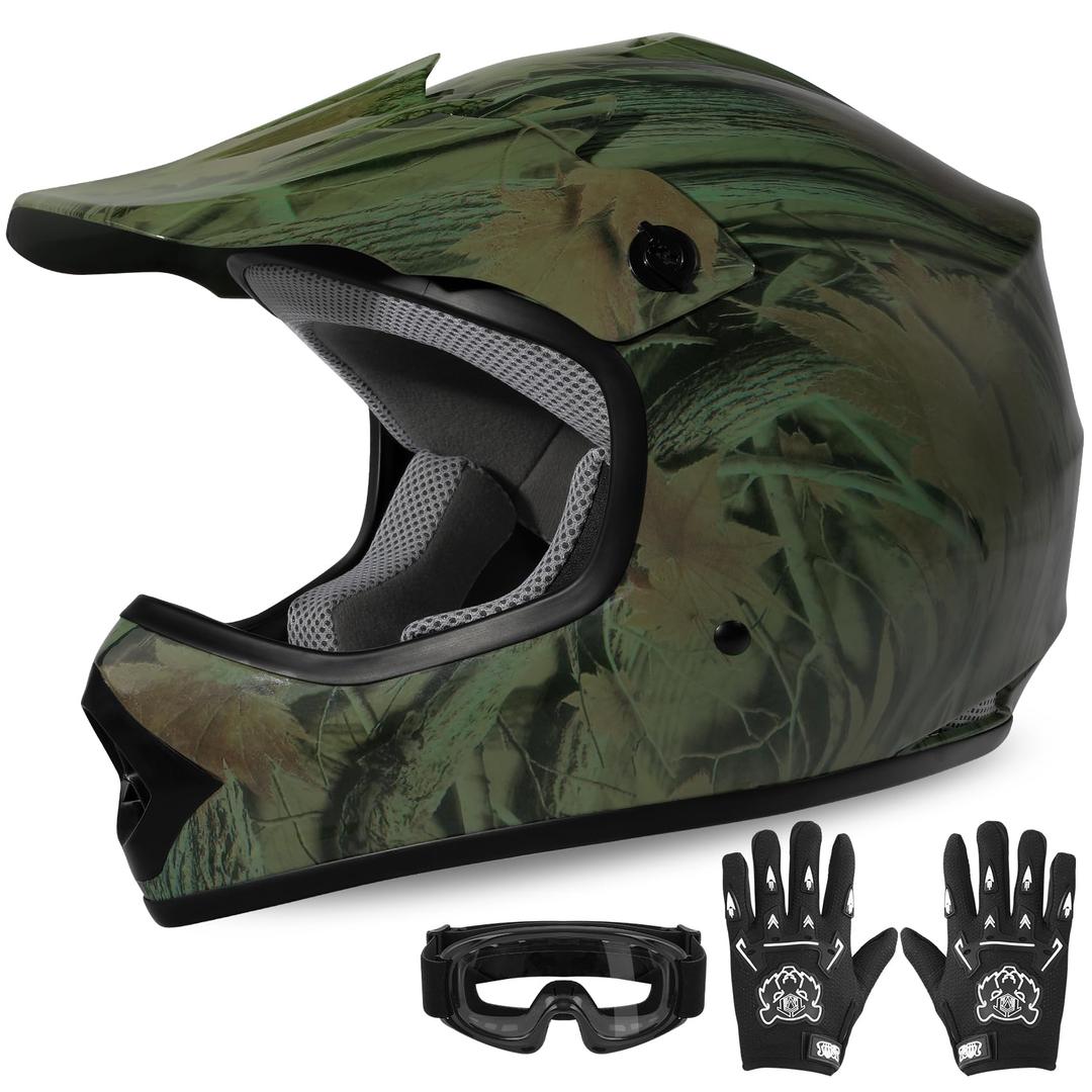XFMT Youth Dirt Bike Helmet DOT Approved Kids Full Face Motocross Helmets (Green, M)