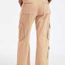 Cargo Pants for Women Low Rise Drawstring Waist 7 Pockets Hiking Work Wide Leg Pants with Zipper Button Closure Khaki