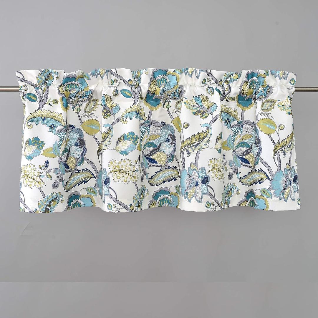 DriftAway Layla Classic America Style Floral Leaves Room Darkening Window Curtain Valance Rod Pocket Single 52 Inch by 18 Inch Plus 2 Inch Header Ivory Teal Gray