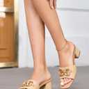 Coutgo Womens Raffia Slide Sandals Chunky Block Heeled Square Open Toe Metal Chain Slip on Mules Dressy Shoes, size 8 (Beige)