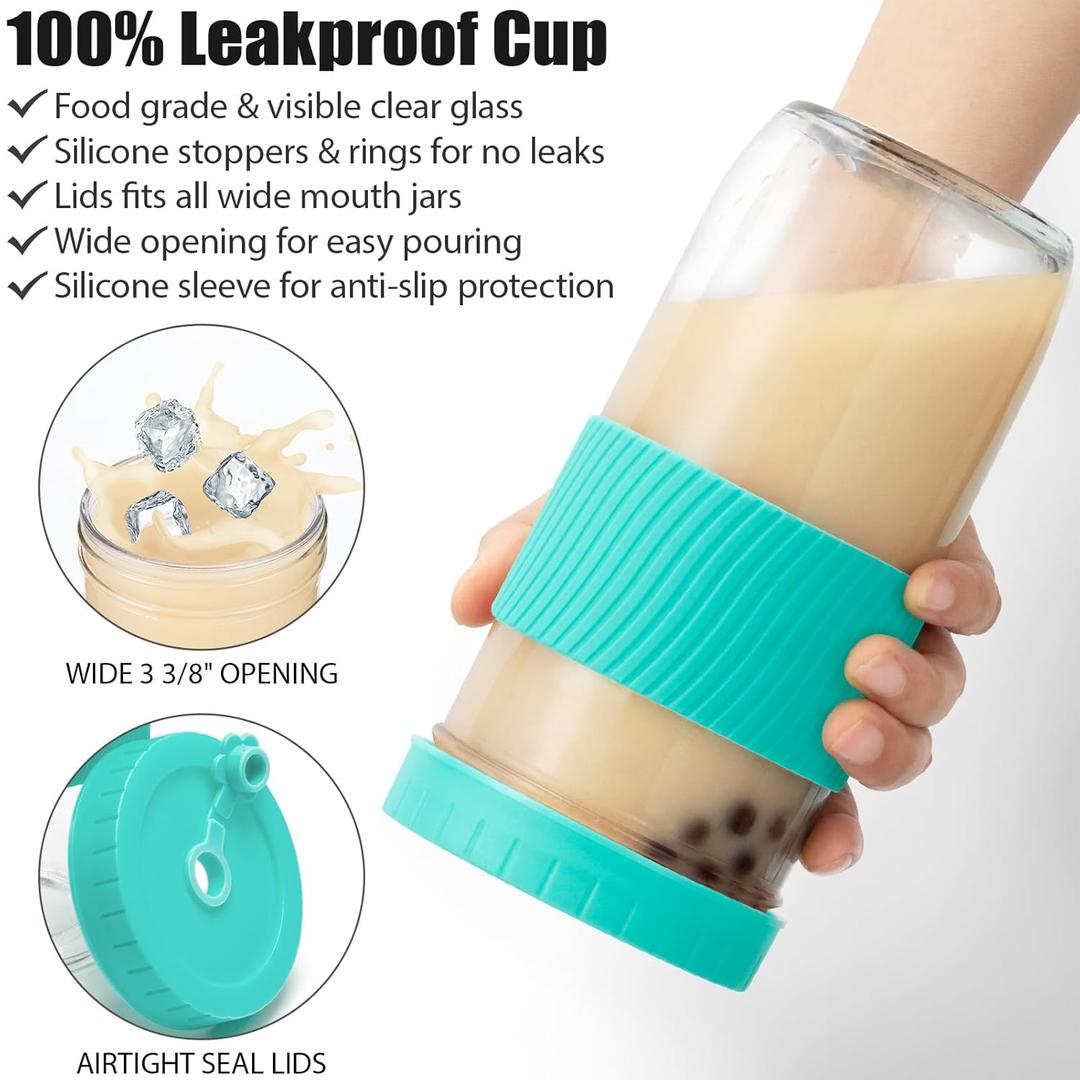 2 Pack Reusable Tea Cups, 24oz Glass with Lids