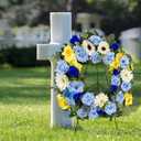 MUVIC Handmade Cemetery Wreath with Grave Holder, Artificial Flower Wreaths for Tombstone Decoration of Memorial Day/Mother's Day/Father's Day/Christmas,Blue,Yellow,White