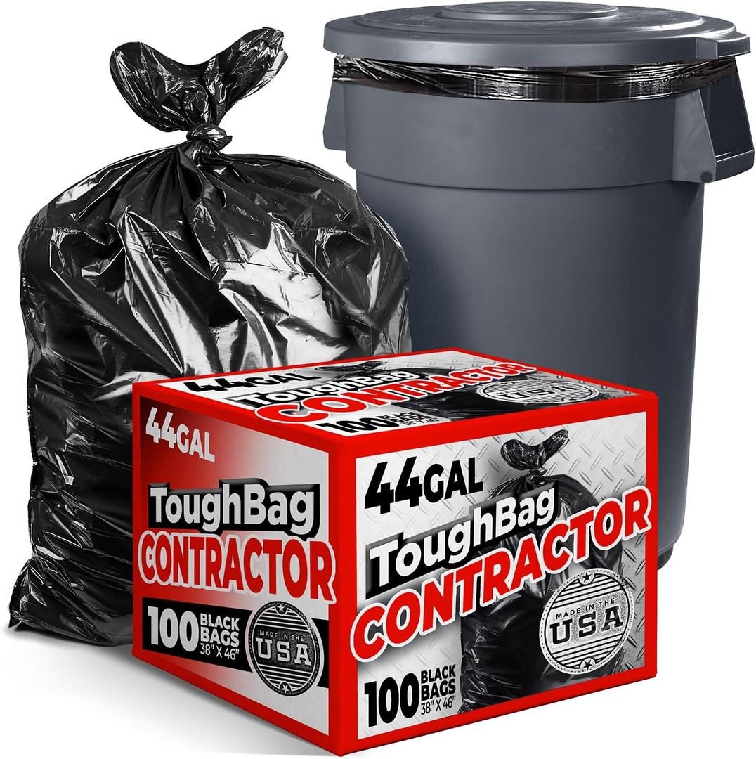 ToughBag 44 Gallon Commercial Trash Bags, 38x46 (100 COUNT)  39, 40, 42 Gallon Contractor Bags, Black Garbage Can Liners - Made in USA