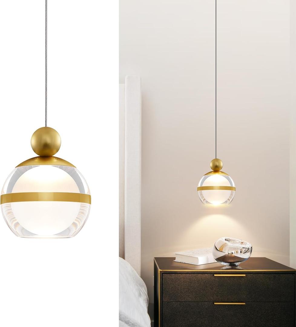 1-Light Gold Pendant Lights Kitchen Island Modern LED Ceiling Hanging Pendant Lights Acrylic Globe Pendant Light Fixtures for Dining Room Bedroom Living Room