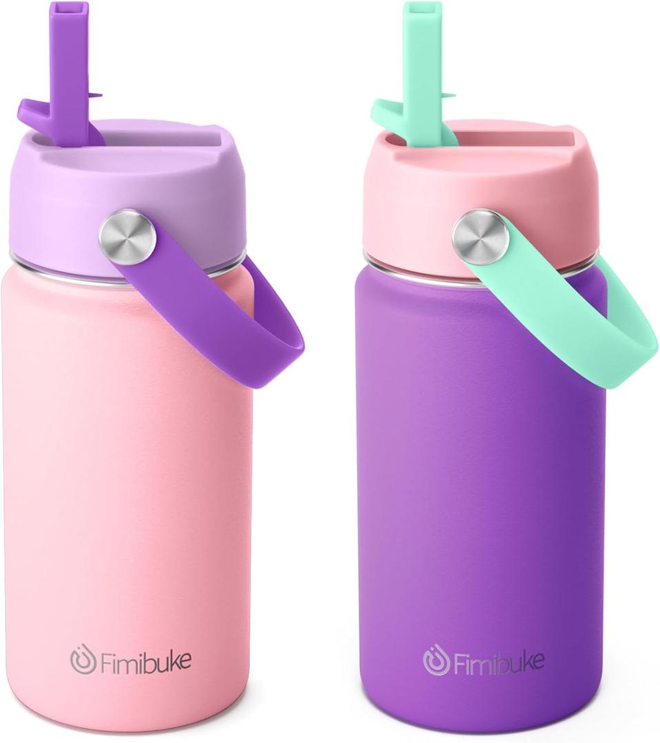 Fimibuke Kids Insulated Water Bottle - 14oz BPA-FREE 18/8 Stainless Steel Travel Tumbler Leak Proof Double Wall Vacuum Kids Cup with Straw Metal Water Bottle for School Boys Girls2 Pack, Macaron