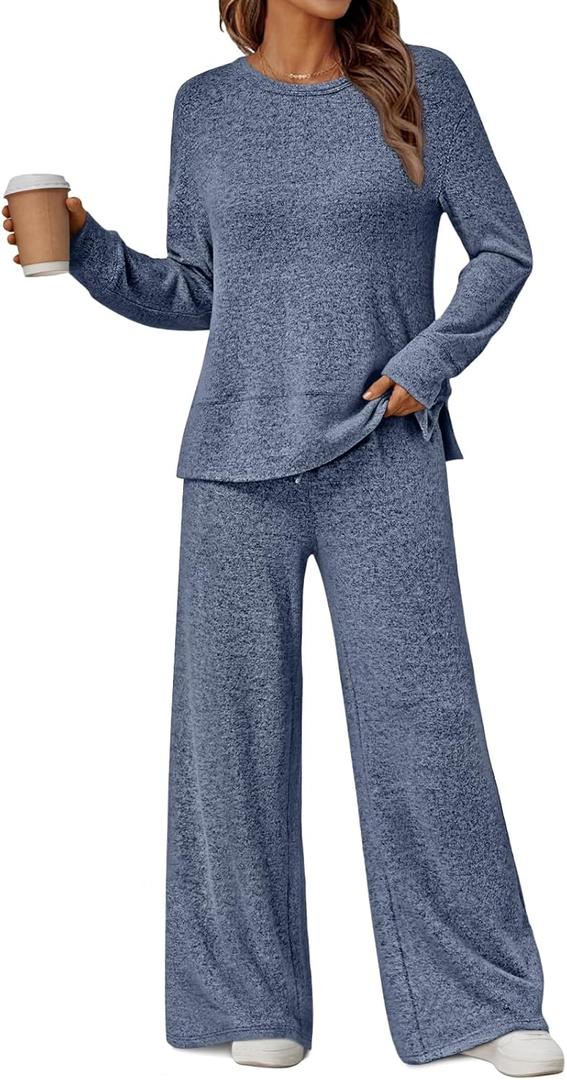 LILLUSORY 2 Piece Lounge Sets Matching Fall Outfits Pajamas Casual Travel 2026 Sweatsuits Wide Leg Clothes Fashion Tracksuits (X-Large, Blue)