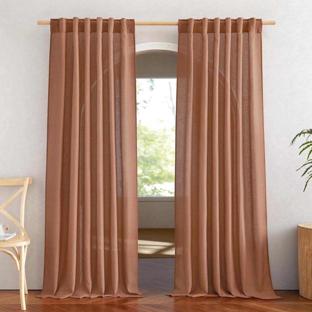 NICETOWN Linen Caramel Curtains & Drapes Privacy with Light Filtering, Rod Pocket & Back Tab Flax Linen Burlap Window Treatments Vertical Drapes for Bedroom/Living Room, W52 x L84, 2 Panels