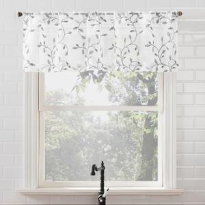 No. 918 Francine Embroidered Foliage Semi-Sheer Rod Pocket Kitchen Curtain Valance, White/Gray, 54" W x 15" L